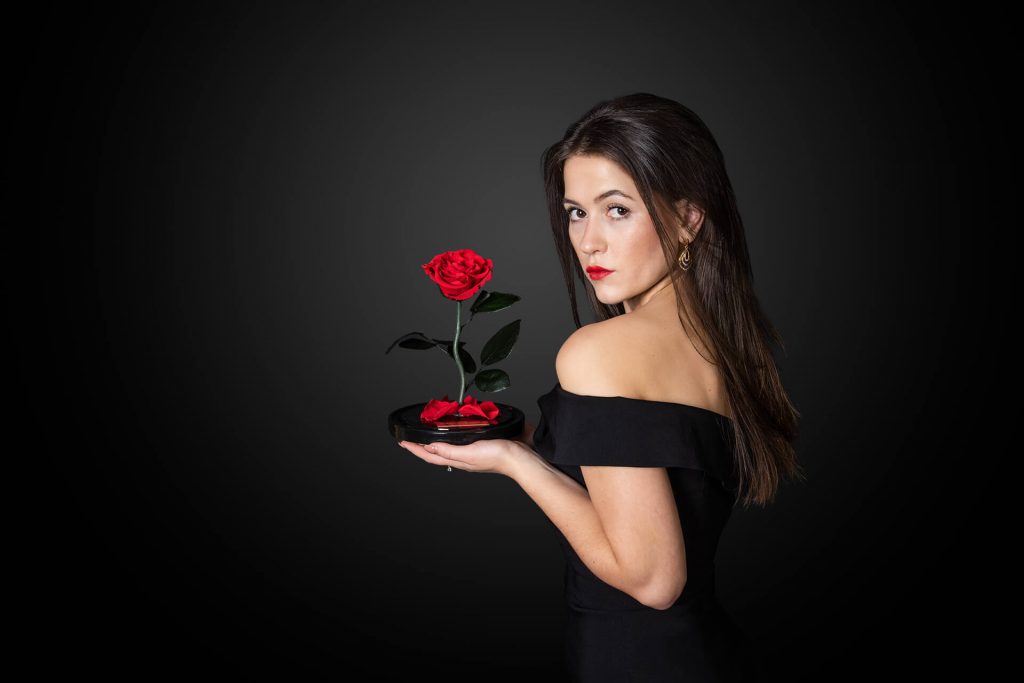 Querformat-Studioporträt Köln – Frau mit schwarzem Kleid und Rose vor dunklem Hintergrund