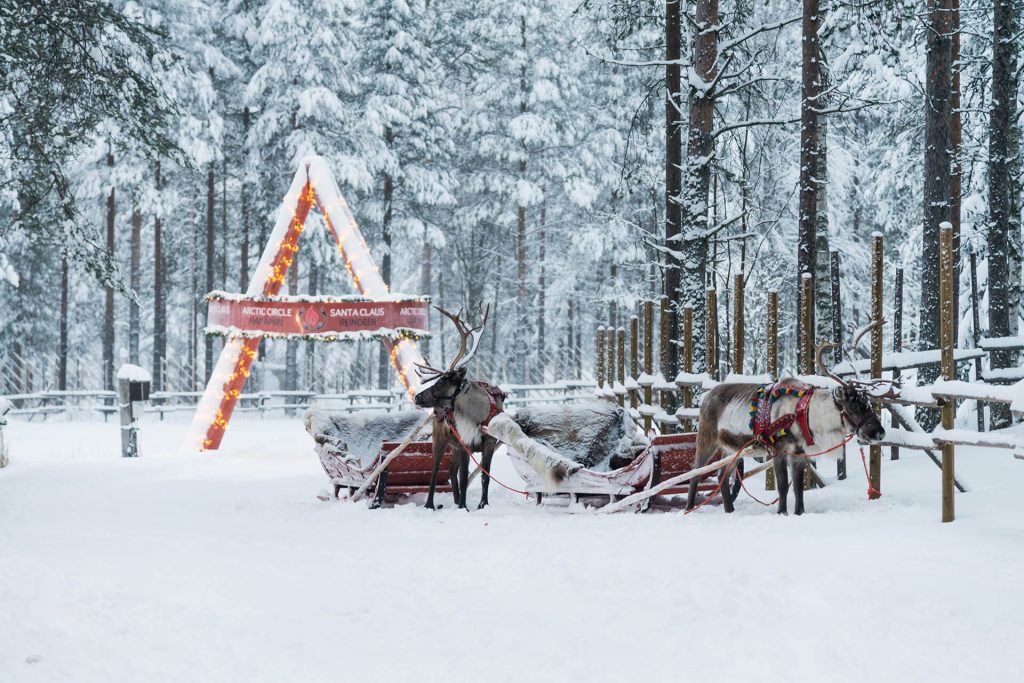 Zwei Rentiere stehen vor einem beleuchteten Tor in einem verschneiten Winterdorf von Santa Claus.